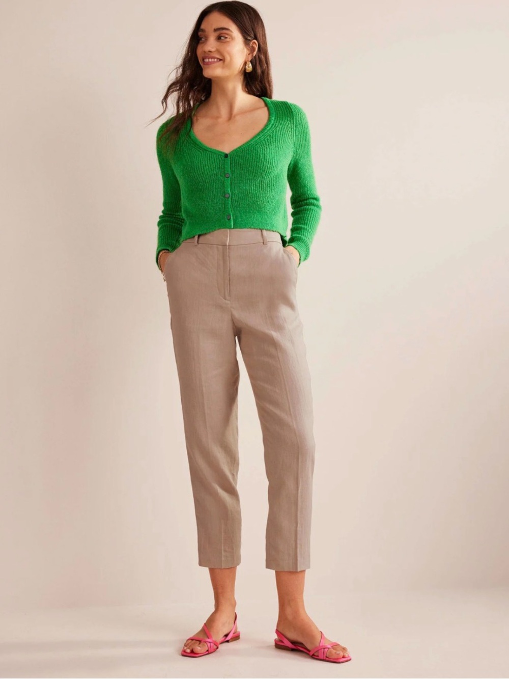Boden Cream High-Rise Linen-Blend Trousers